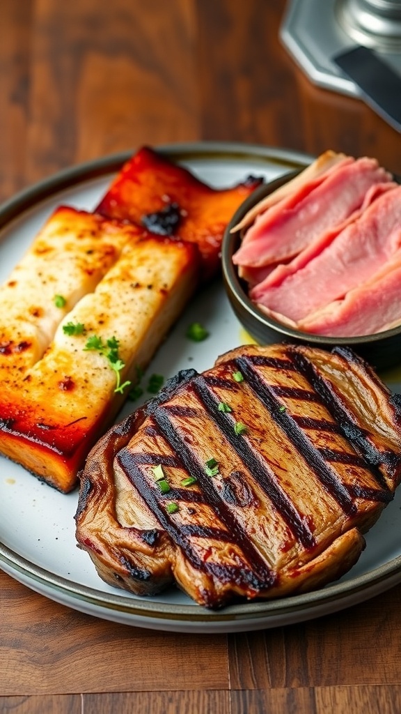 A plate of grilled ribeye steak, crispy pork belly, and pan-seared salmon garnished with herbs.